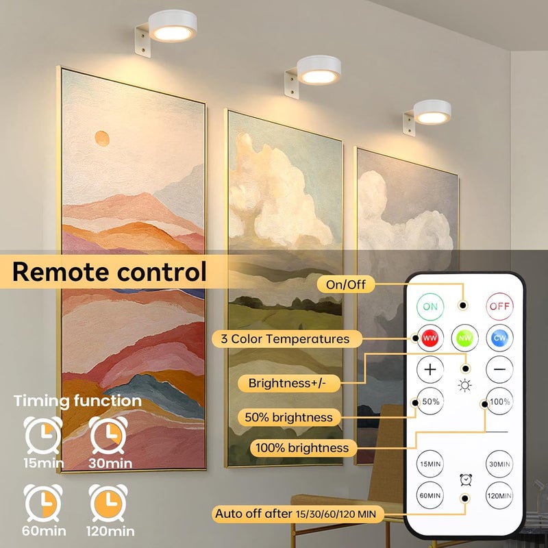 KELUOLY 4-Pack Battery Picture Lights, Remote Painting Light for Art Disaplay,Magnetic LED Wall Picture Light, Dimmable & Timer, 3 Lighting Modes Art Display Light for Gallery Dartboard Frame Pictures, White - Image 5